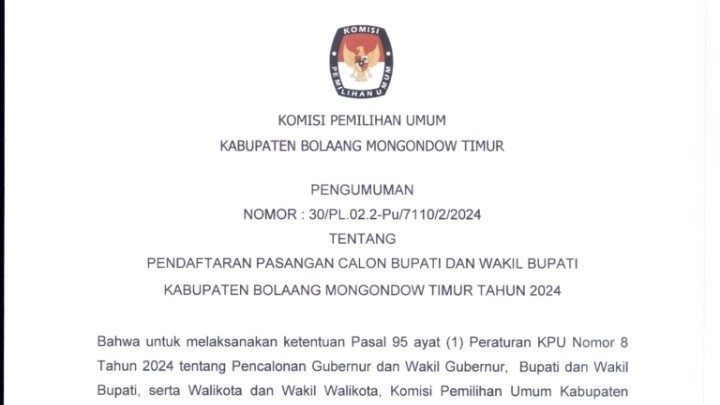 Pendaftaran Calon Bupati dan Wakil Bupati Bolaang Mongondow Timur untuk Pilkada 2024 dibuka mulai 27-29 Agustus 2024 cek syaratnya disini